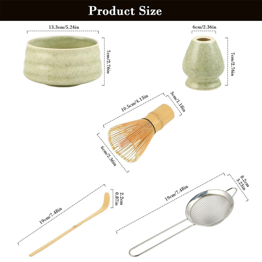 Premium Matcha Color Ceremony 4-Piece Matcha Ceramic Tool Set - Gift Box with Whisk (Chasen), Whisk Holder (Chasen Kuse-Naoshi), Bowl, and Scoop