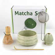 Premium Matcha Color Ceremony 5-Piece Matcha Ceramic Tool Set - Gift Box with Whisk (Chasen), Whisk Holder (Chasen Kuse-Naoshi), Bowl, Sieve, and Scoop