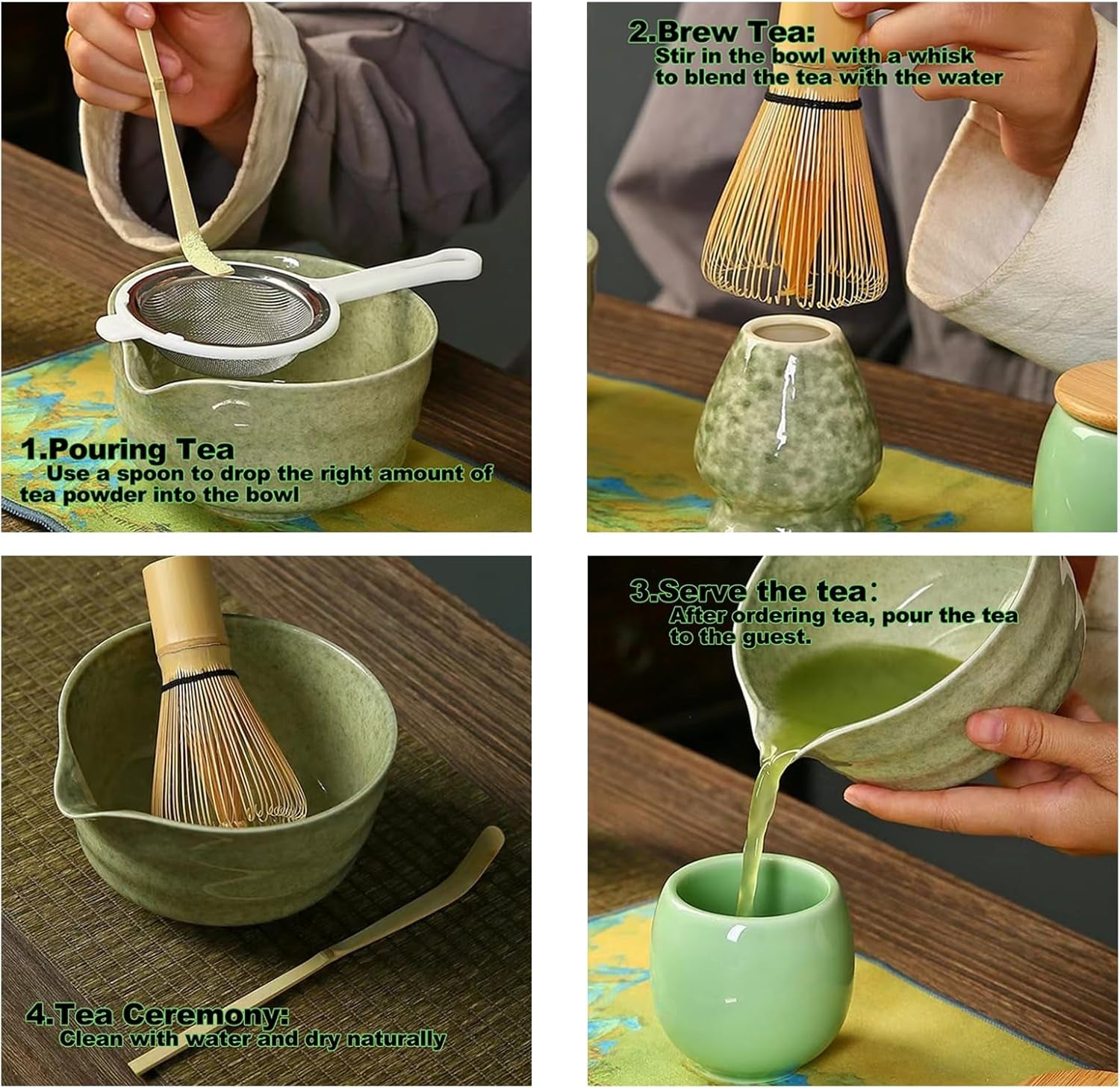 Premium Matcha whisk green Complete Matcha Tea Ceremony Set - 4-Piece Japanese Traditional Whisk, Bowl, Whisk Holder & Scoop for Authentic Preparation at Home