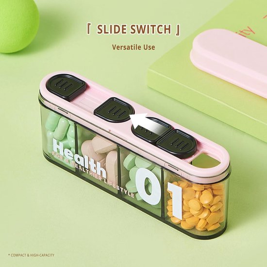Premium Medicine Box - Four-Compartment Pill Box - Compact and Portable Travel Pill Box - Only 11.5cm, Perfect for Storing Daily Vitamins, Supplements, and Pills - Set of 2 (Light Pink, White)