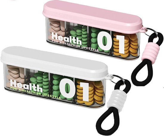 Premium Medicine Box - Four-Compartment Pill Box - Compact and Portable Travel Pill Box - Only 11.5cm, Perfect for Storing Daily Vitamins, Supplements, and Pills - Set of 2 (Light Pink, White)