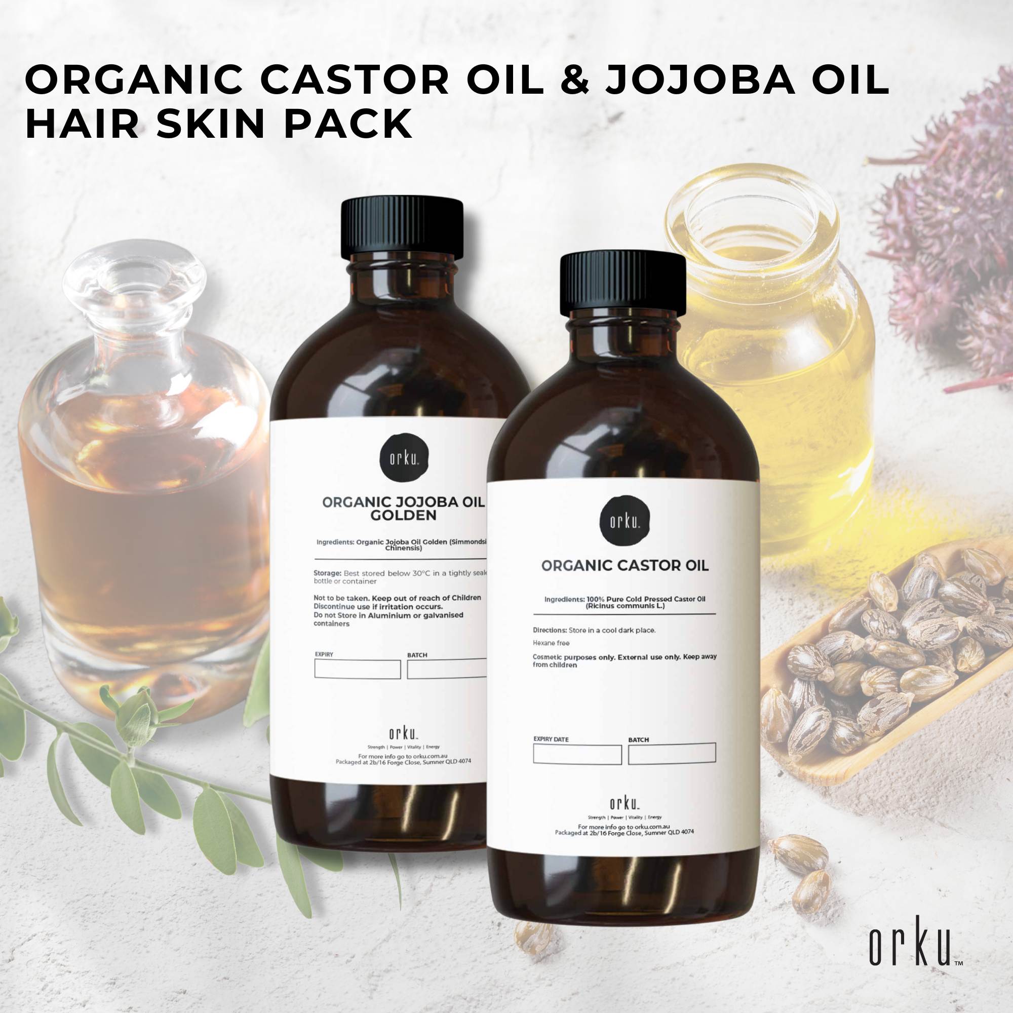 Orku 500ml Organic Castor Oil and 500ml Organic Jojoba Oil Pack - Health & Beauty > Skincare > Facial Lotions &