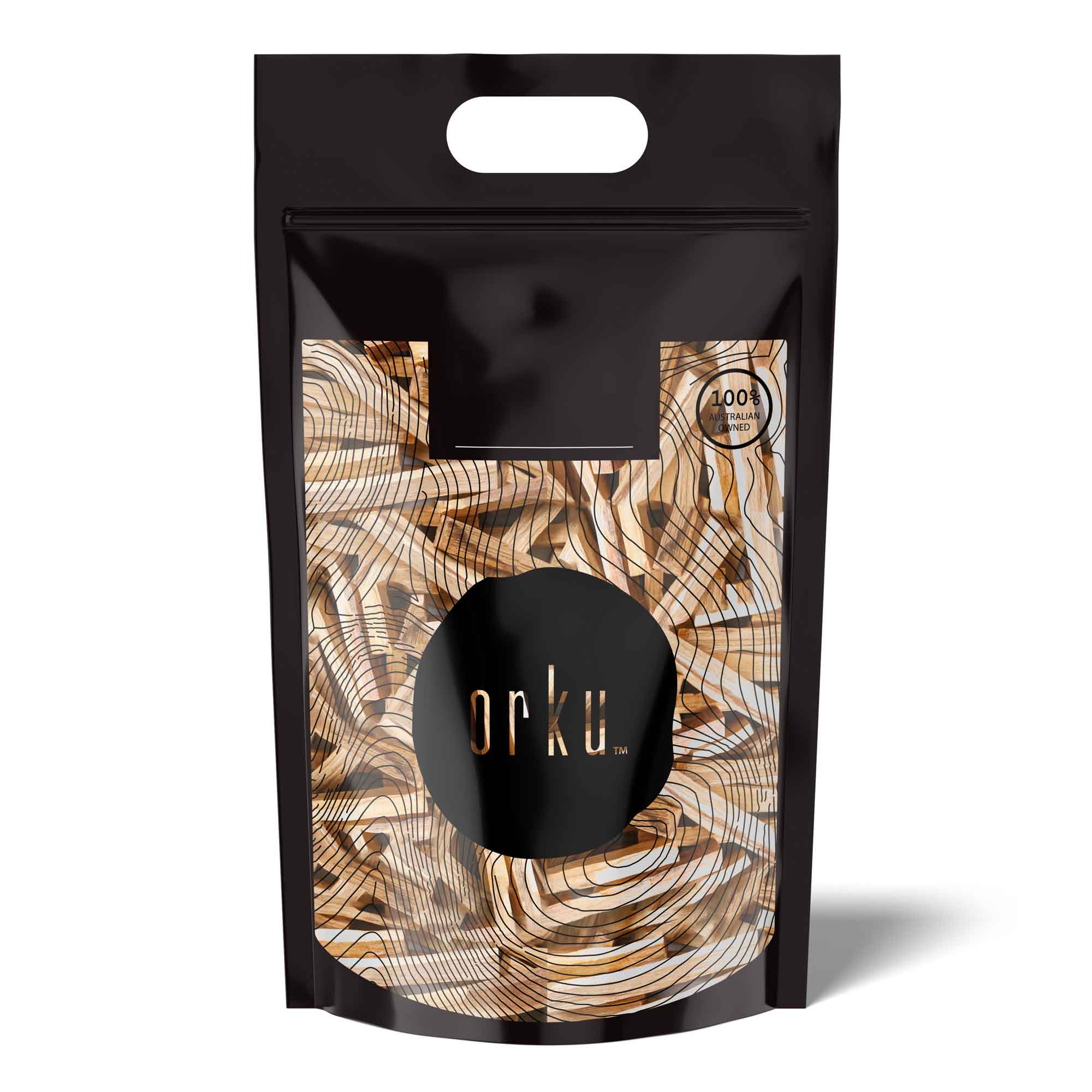 Premium Palo Santo Smudge Sticks in black and gold resealable pouch with abstract design
