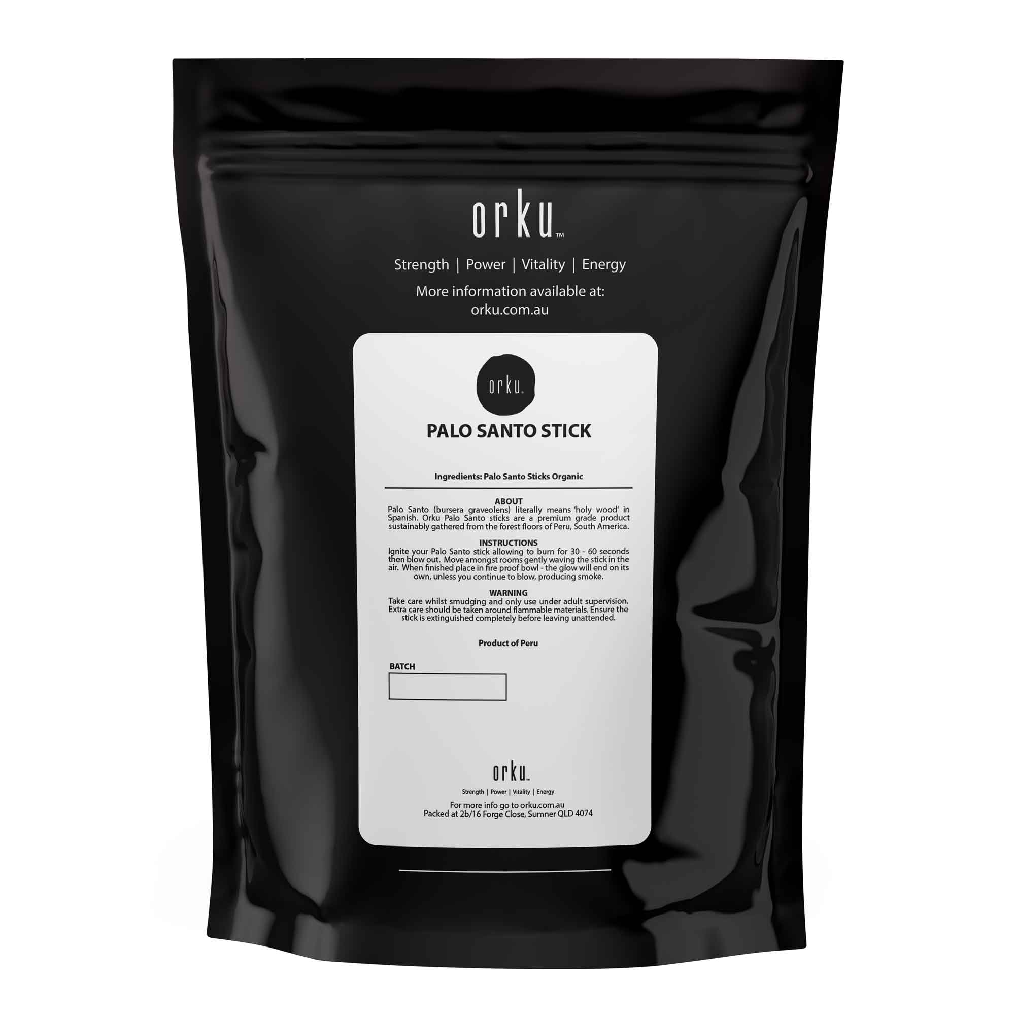 Black packaging pouch with white label for Palo Santo Smudge Sticks by Orku
