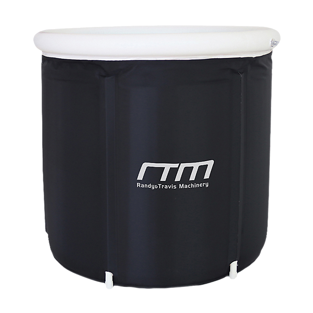 Black cylindrical container with white lid and RTM logo for Premium Portable Ice Bath