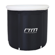 Black cylindrical container with white lid and RTM logo for Premium Portable Ice Bath