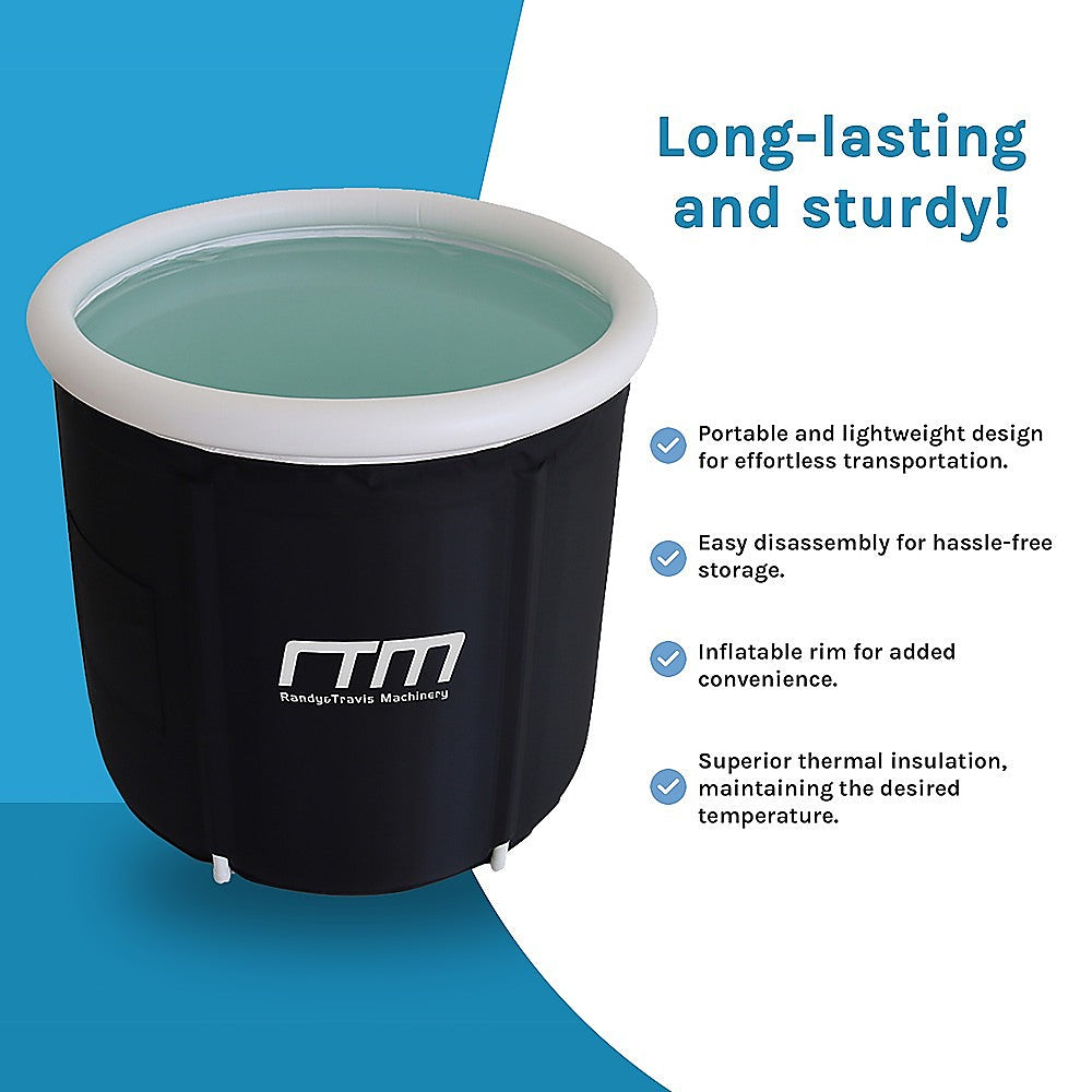 Black portable ice bath with inflatable white rim and turquoise interior for cold water therapy