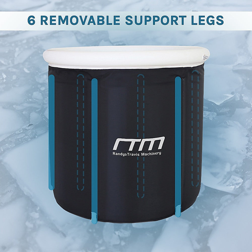 Cylindrical black and blue portable ice bath for cold water therapy with removable legs