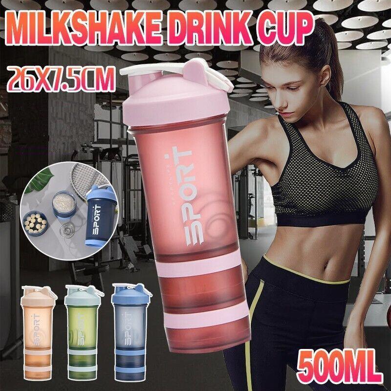 Powder Milkshake Drink Cup Sport Water Bottle 500Ml 3 Tier Protein Shaker Pill - Pink - Gift & Novelty > Novelty >