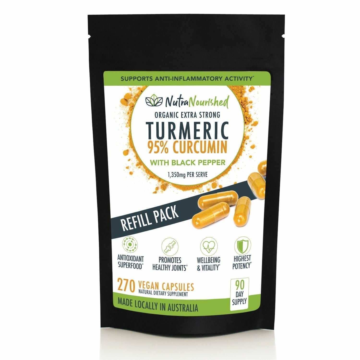 REFILL BAG - Turmeric 95% Curcumin Extract Capsules Organic with Black Pepper 270 Vegan Capsules/ 3 Month Supply