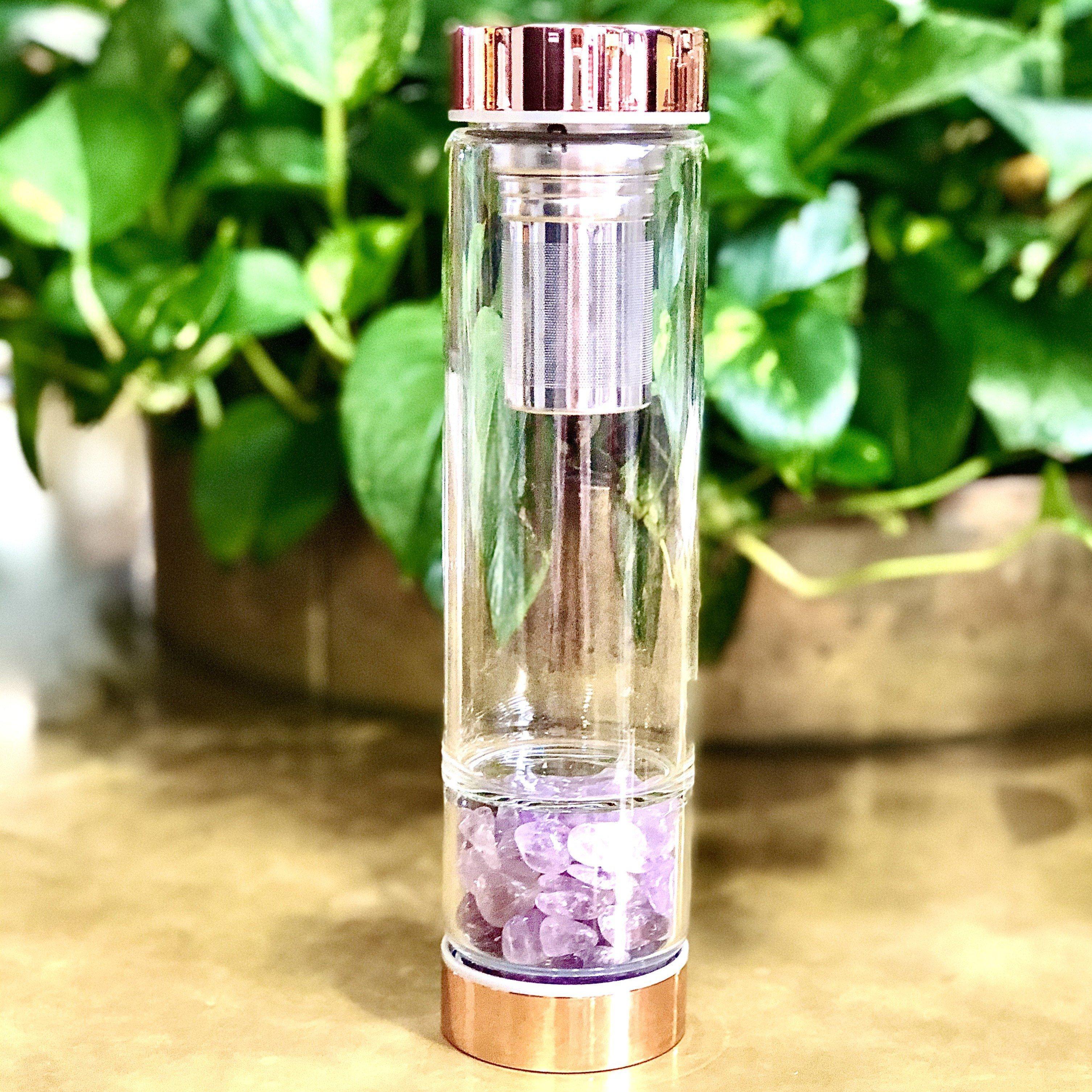 Rose Gold Crystal Bottle with Gemstone Base and Tea Infuser - Food & Beverage > Pantry > Teas & Accessories