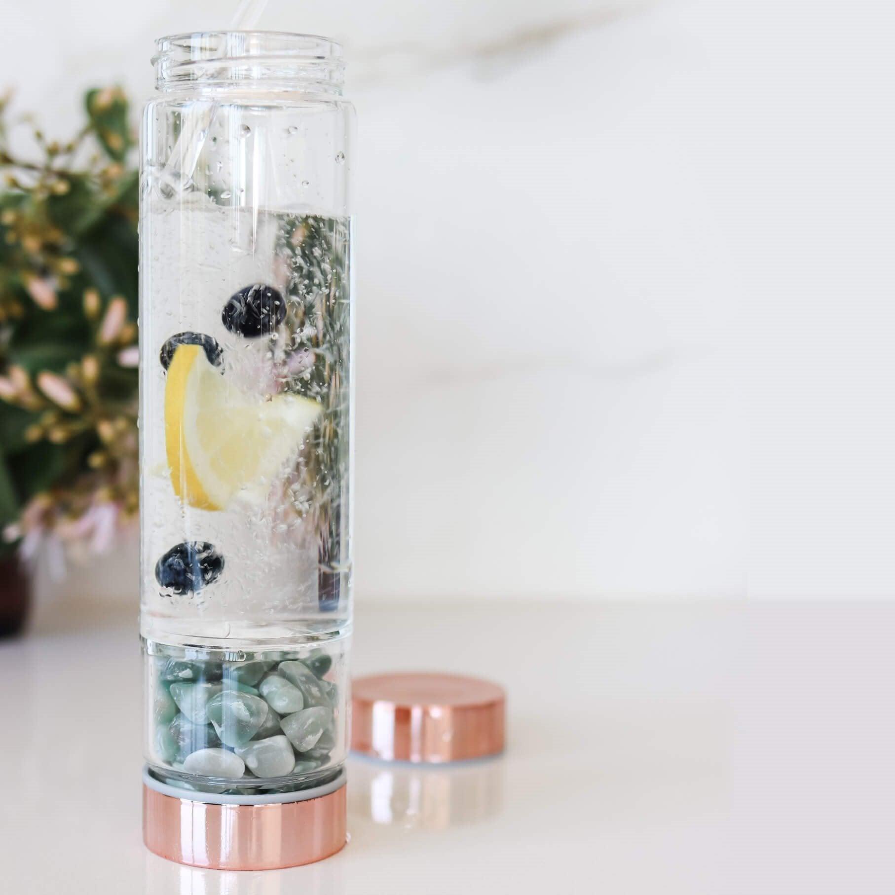 Rose Gold Crystal Bottle with Gemstone Base and Tea Infuser - Food & Beverage > Pantry > Teas & Accessories
