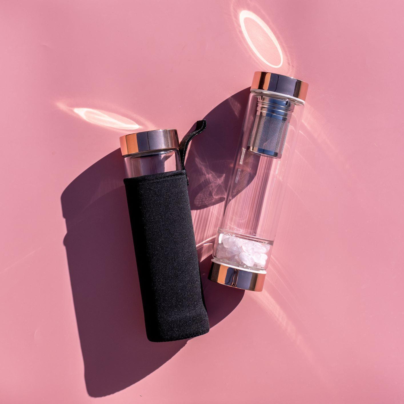 Rose Gold Crystal Bottle with Gemstone Base and Tea Infuser - Food & Beverage > Pantry > Teas & Accessories