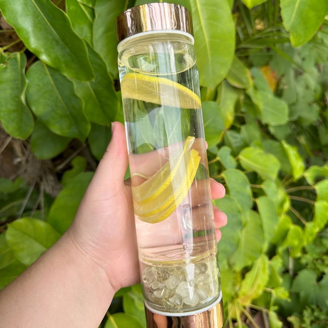 Rose Gold Crystal Bottle with Gemstone Base and Tea Infuser - Food & Beverage > Pantry > Teas & Accessories