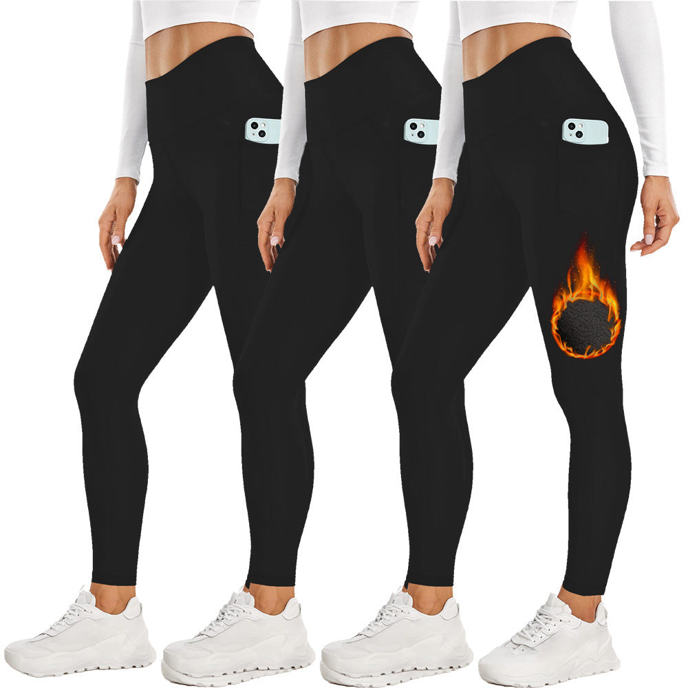 Premium Size M Grey Women's Mid Waist Plush Leggings with Pockets - Autumn and Winter Leggings with Pockets