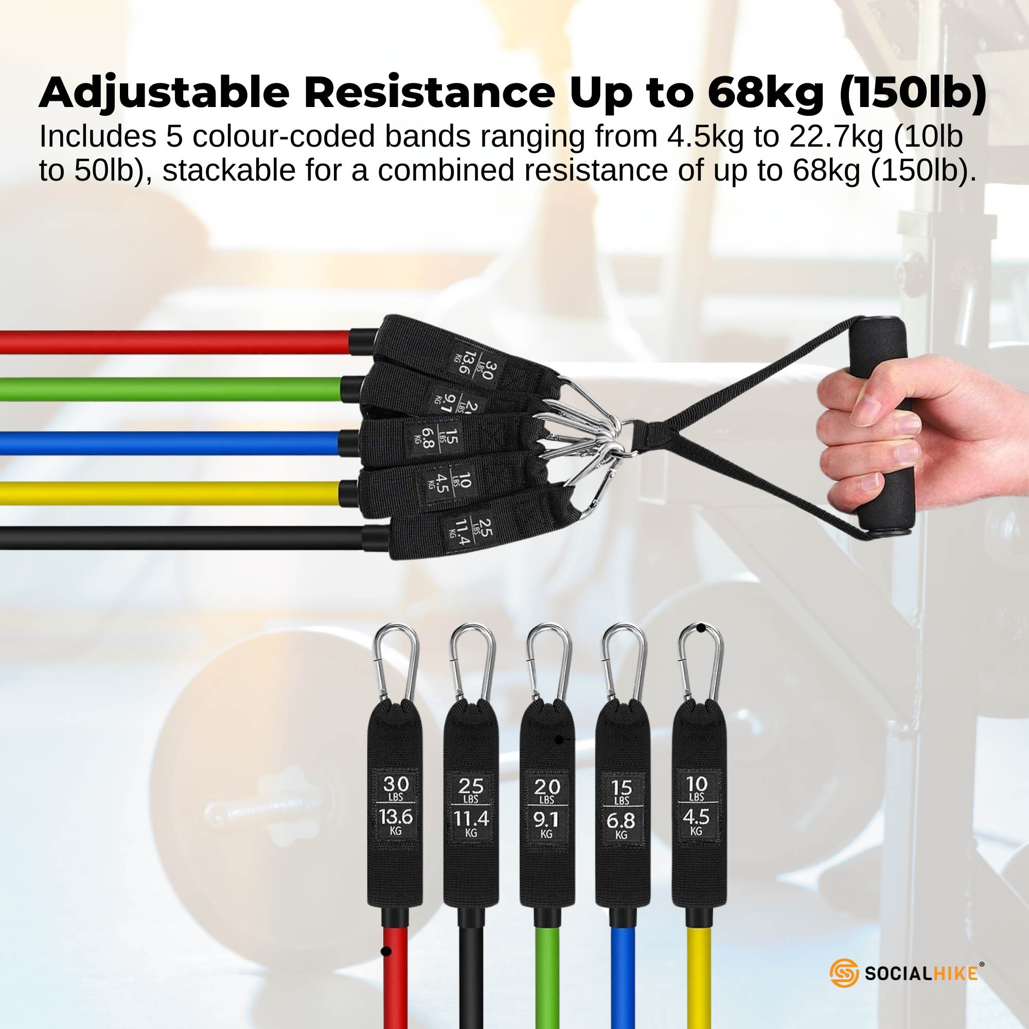 Premium Social Hike Resistance Band Set with Handles - 11pcs Home Workout Kit 4.5-68kg