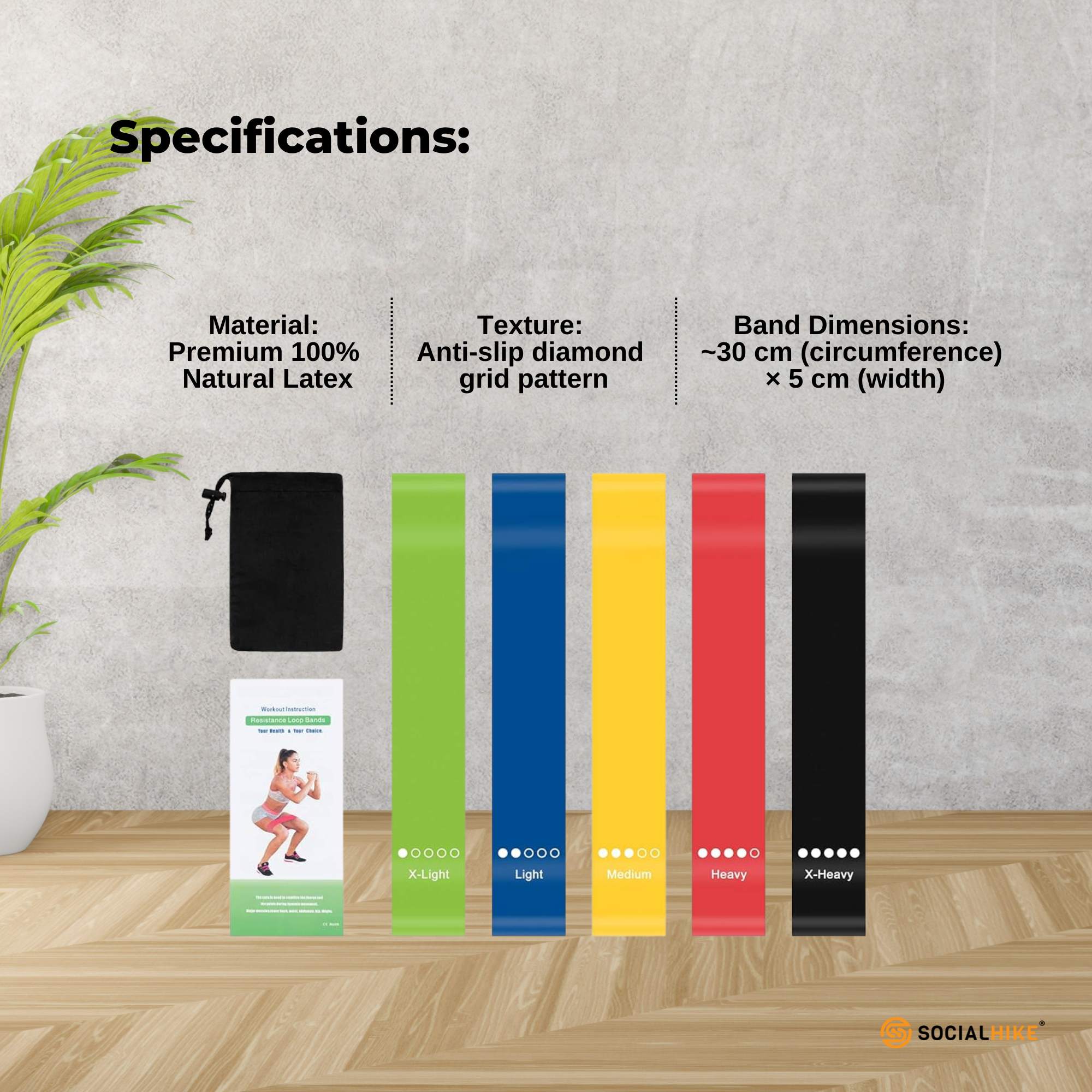 Premium Social Hike Resistance Bands 5-Pack - Anti-Slip Latex Workout Loops 2.3-18.1kg
