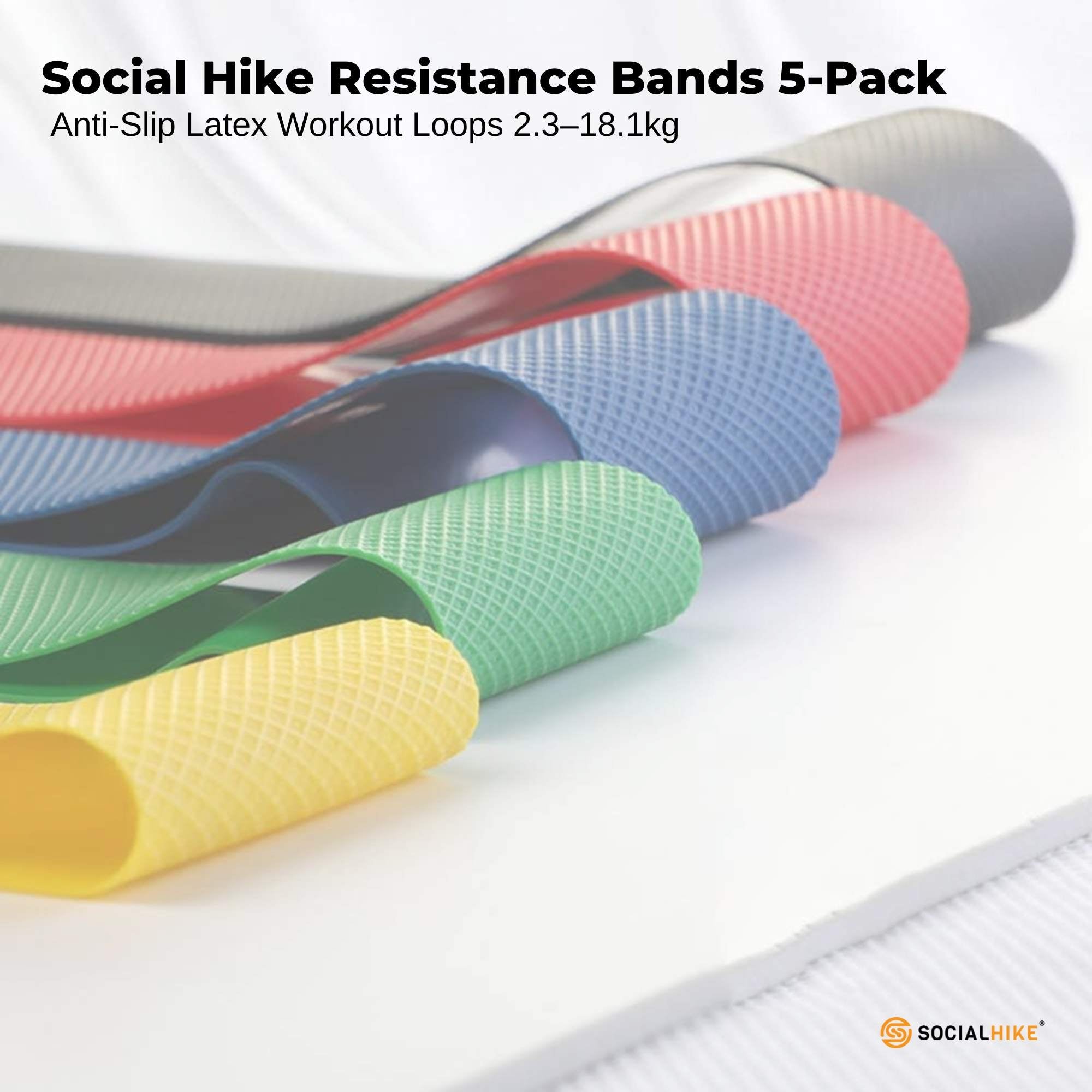 Premium Social Hike Resistance Bands 5-Pack - Anti-Slip Latex Workout Loops 2.3-18.1kg