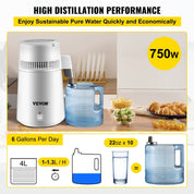 Premium VEVOR Water Distiller Purifier Pure Water Distiller Filters Water Distillation 4L Internal Stainless Steel with Collection Bottle