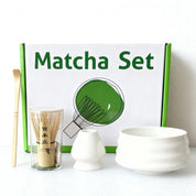 Premium White Ceremony 4-Piece Matcha Ceramic Tool Set - Gift Box with Whisk (Chasen), Whisk Holder (Chasen Kuse-Naoshi), Bowl, and Scoop