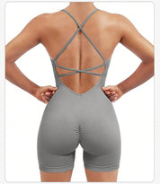 Size S Light Grey Nylon Seamless Yoga Bodysuit - Women’s Athletic Romper Crisscross Back Workout Jumpsuit - Sports &