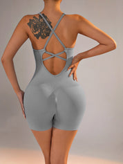 Size M Light Grey Nylon Seamless Yoga Bodysuit - Women’s Athletic Romper Crisscross Back Workout Jumpsuit - Sports &