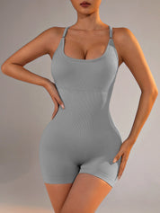 Size S Light Grey Nylon Seamless Yoga Bodysuit - Women’s Athletic Romper Crisscross Back Workout Jumpsuit - Sports &