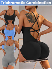 Size M Light Grey Nylon Seamless Yoga Bodysuit - Women’s Athletic Romper Crisscross Back Workout Jumpsuit - Sports &
