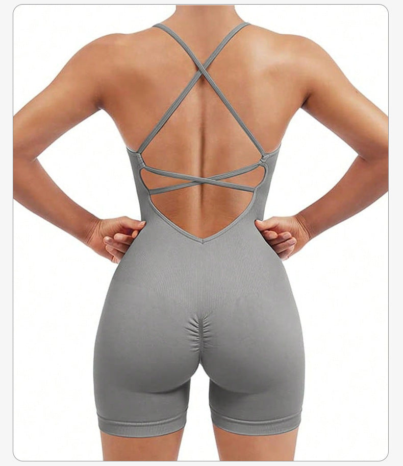 Size L Light Grey Nylon Seamless Yoga Bodysuit - Women’s Athletic Romper Crisscross Back Workout Jumpsuit - Sports &