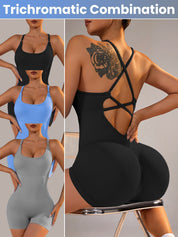 Size L Light Grey Nylon Seamless Yoga Bodysuit - Women’s Athletic Romper Crisscross Back Workout Jumpsuit - Sports &