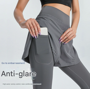 Premium XXXL Navy Blue Women's High-Waist Athletic Skort with Built-In Shorts - Breathable Quick-Dry Running Skirt with Phone Pocket