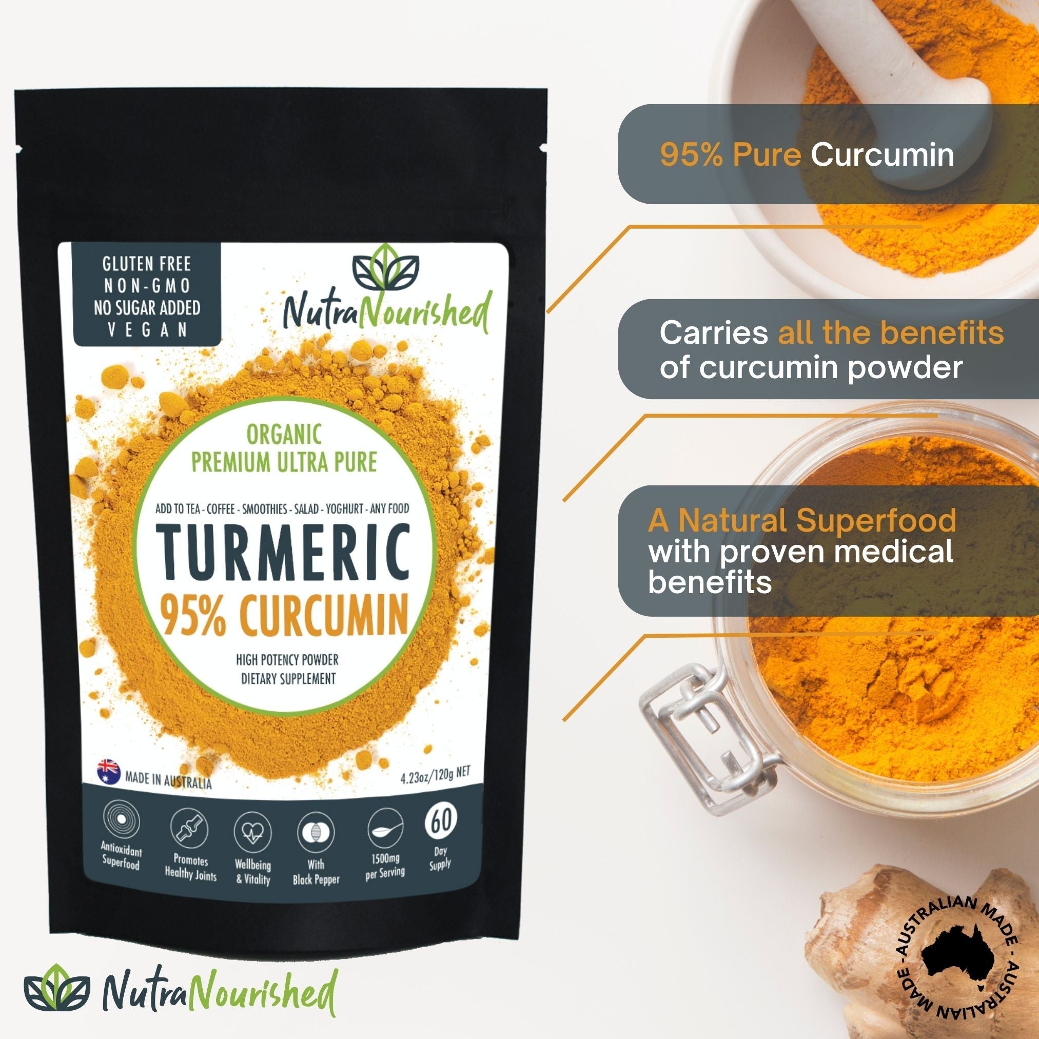 Pure Organic 95% Curcumin Powder - 1500mg of Turmeric Extract Buffered with Black Pepper - Health & Beauty > Nutrition