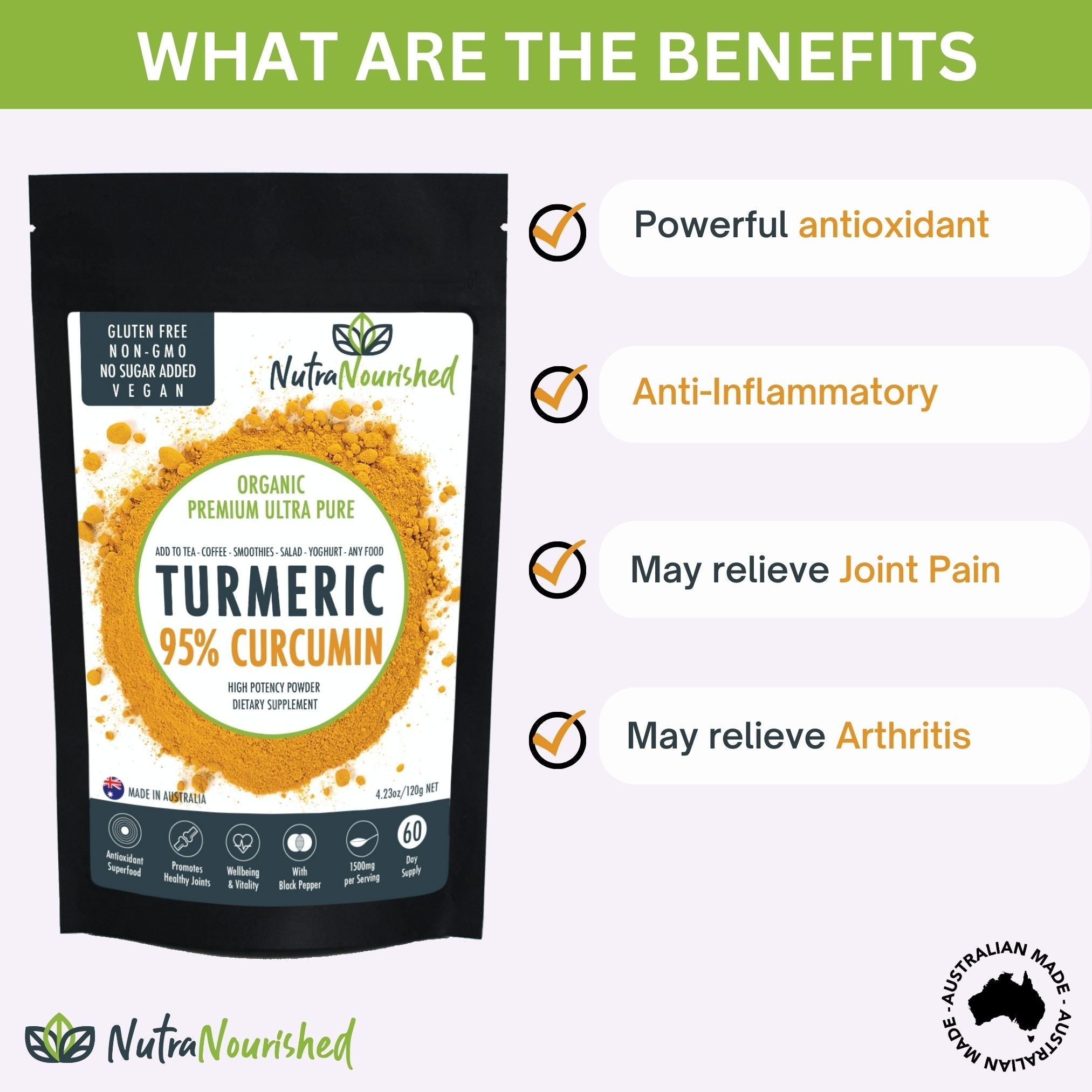 Pure Organic 95% Curcumin Powder - 1500mg of Turmeric Extract Buffered with Black Pepper - Health & Beauty > Nutrition