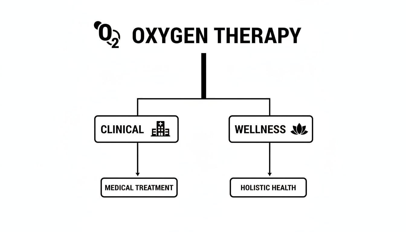 Flowchart illustrating oxygen therapy's division into clinical medical treatment and wellness holistic health.