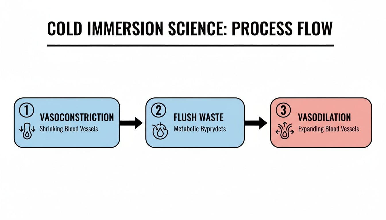 Diagram illustrating the three-step cold immersion process: vasoconstriction, waste flushing, and vasodilation for recovery.