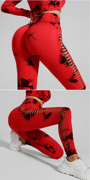 Red and Black Tie-Dye Size L Tie-Dye Premium Yoga Set Long Sleeve Butt Lift Leggings Seamless Workout Training Gym Clothes