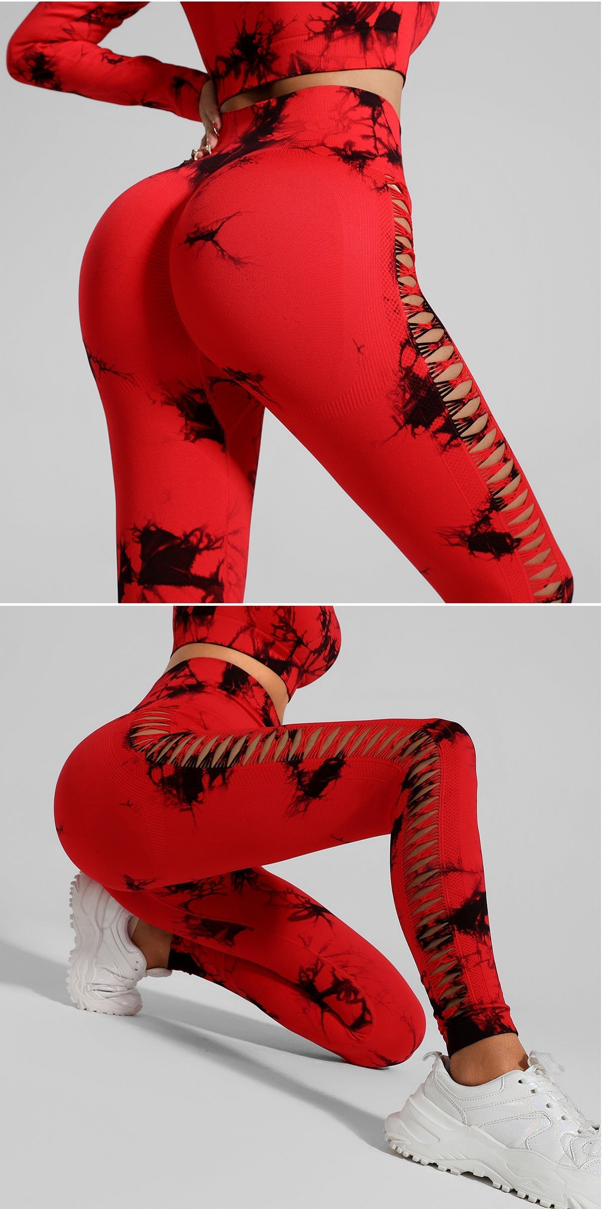 Red and Black Tie-Dye Size S Tie-Dye Premium Yoga Set Long Sleeve Butt Lift Leggings Seamless Workout Training Gym Clothes
