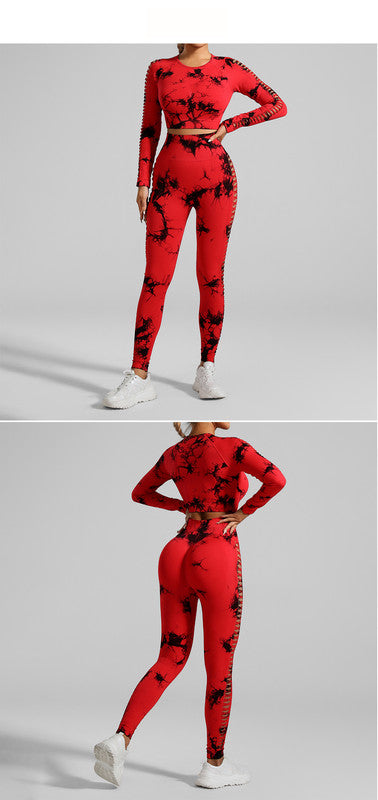 Red and Black Tie-Dye Size S Tie-Dye Premium Yoga Set Long Sleeve Butt Lift Leggings Seamless Workout Training Gym Clothes