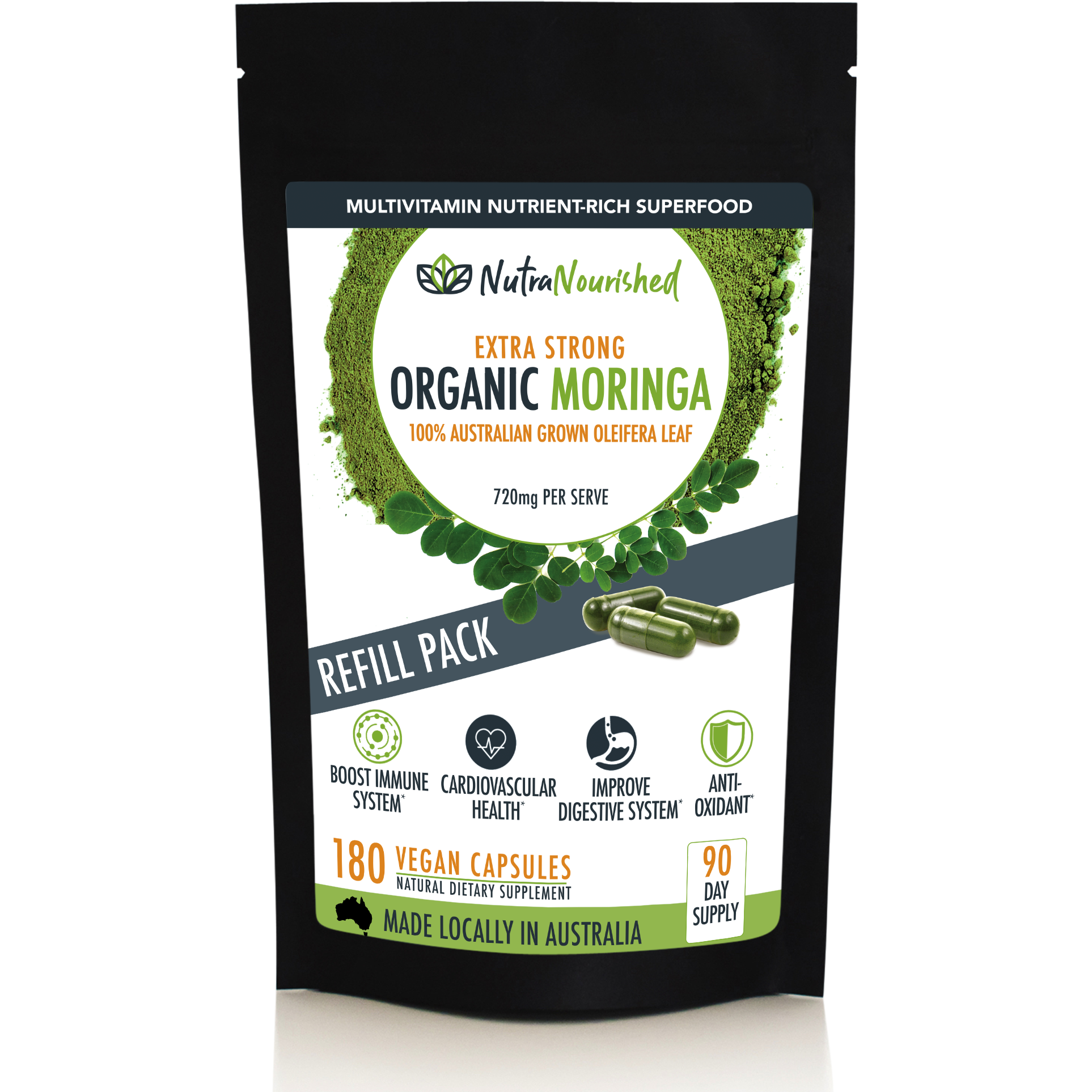 REFILL BAG - Organic Moringa Leaf Capsules - 180 Vegan Capsules - Health & Beauty > Nutrition & Supplements > Vitamins