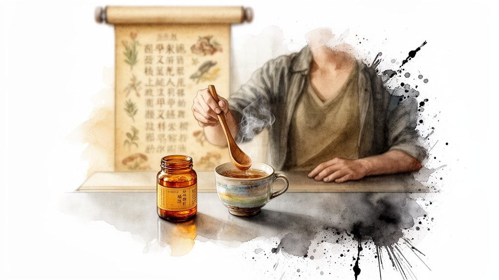 Person stirring steaming tea with a wooden spoon, alongside a jar of herbal powder and a scroll.