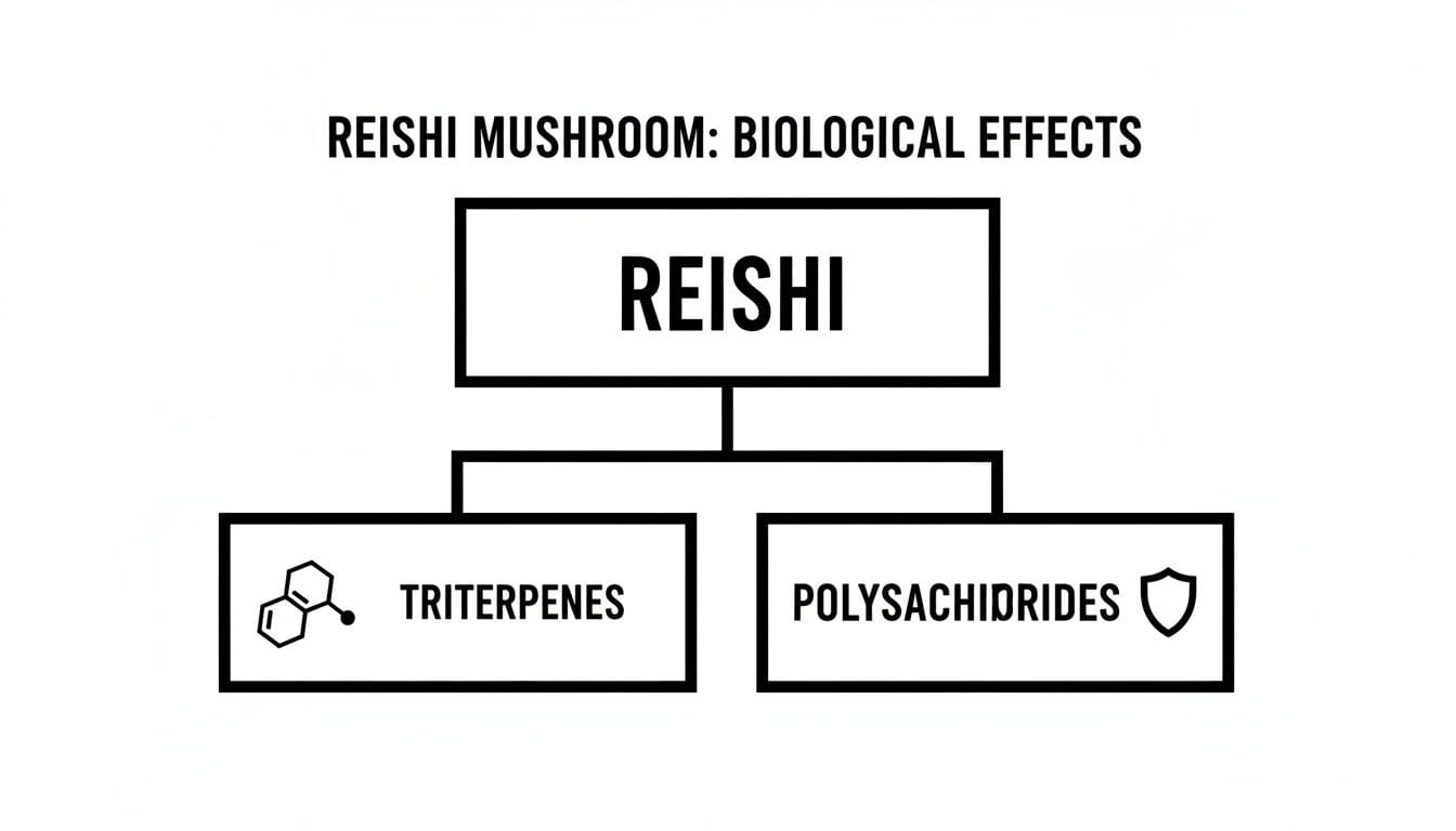 A diagram illustrates the biological effects of Reishi mushroom, highlighting triterpenes and polysaccharides.