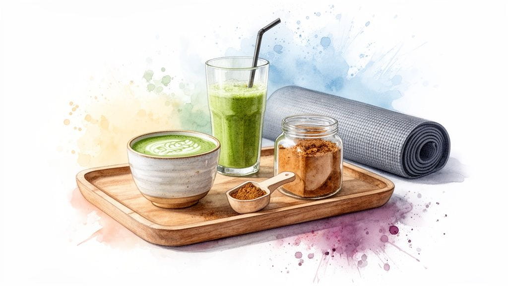 A wellness setup featuring a matcha latte, green smoothie, reishi mushroom powder, and a yoga mat on a tray.