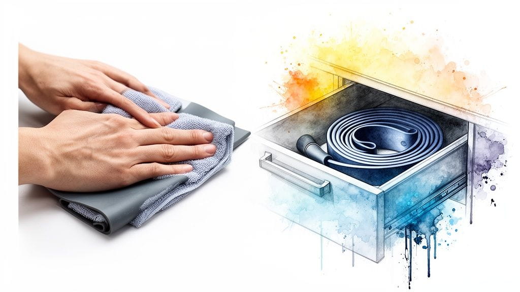 Person's hands with a microfiber cloth, beside an artistic rendering of a drawer holding a coiled resistance band.