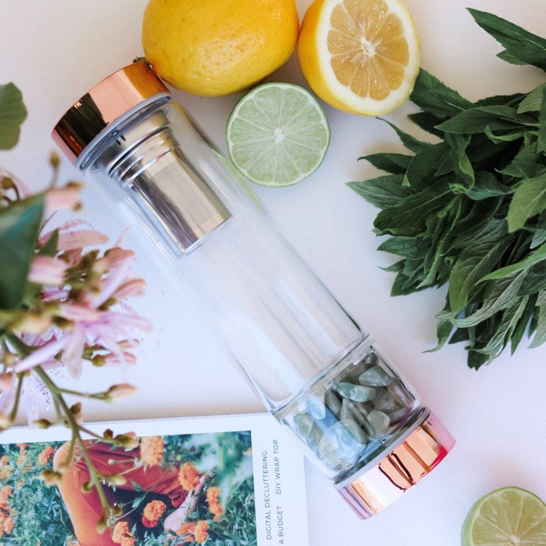 Rose Gold Crystal Bottle with Gemstone Base and Tea Infuser - Food & Beverage > Pantry > Teas & Accessories