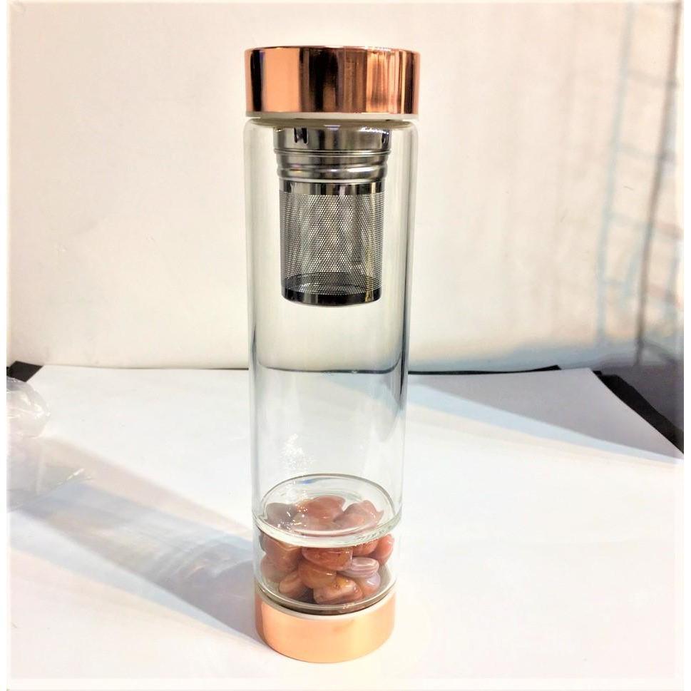 Rose Gold Crystal Bottle with Gemstone Base and Tea Infuser - Food & Beverage > Pantry > Teas & Accessories