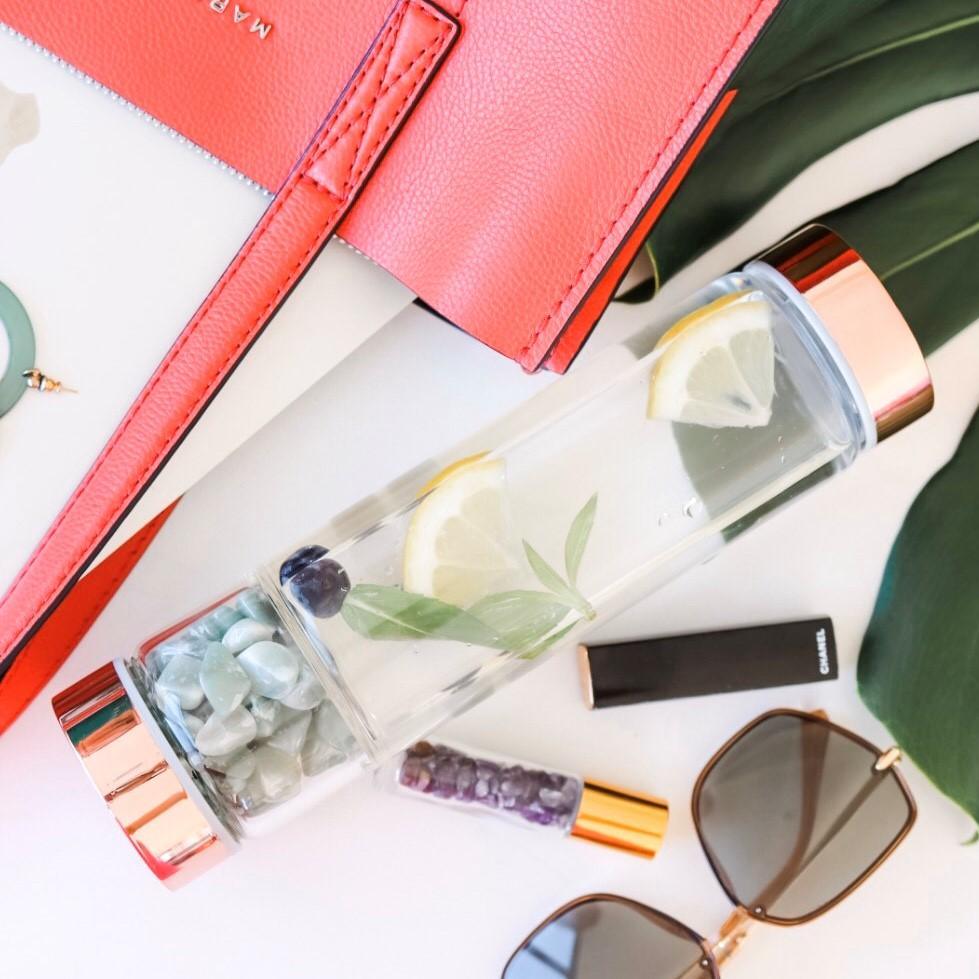 Rose Gold Crystal Bottle with Gemstone Base and Tea Infuser - Food & Beverage > Pantry > Teas & Accessories