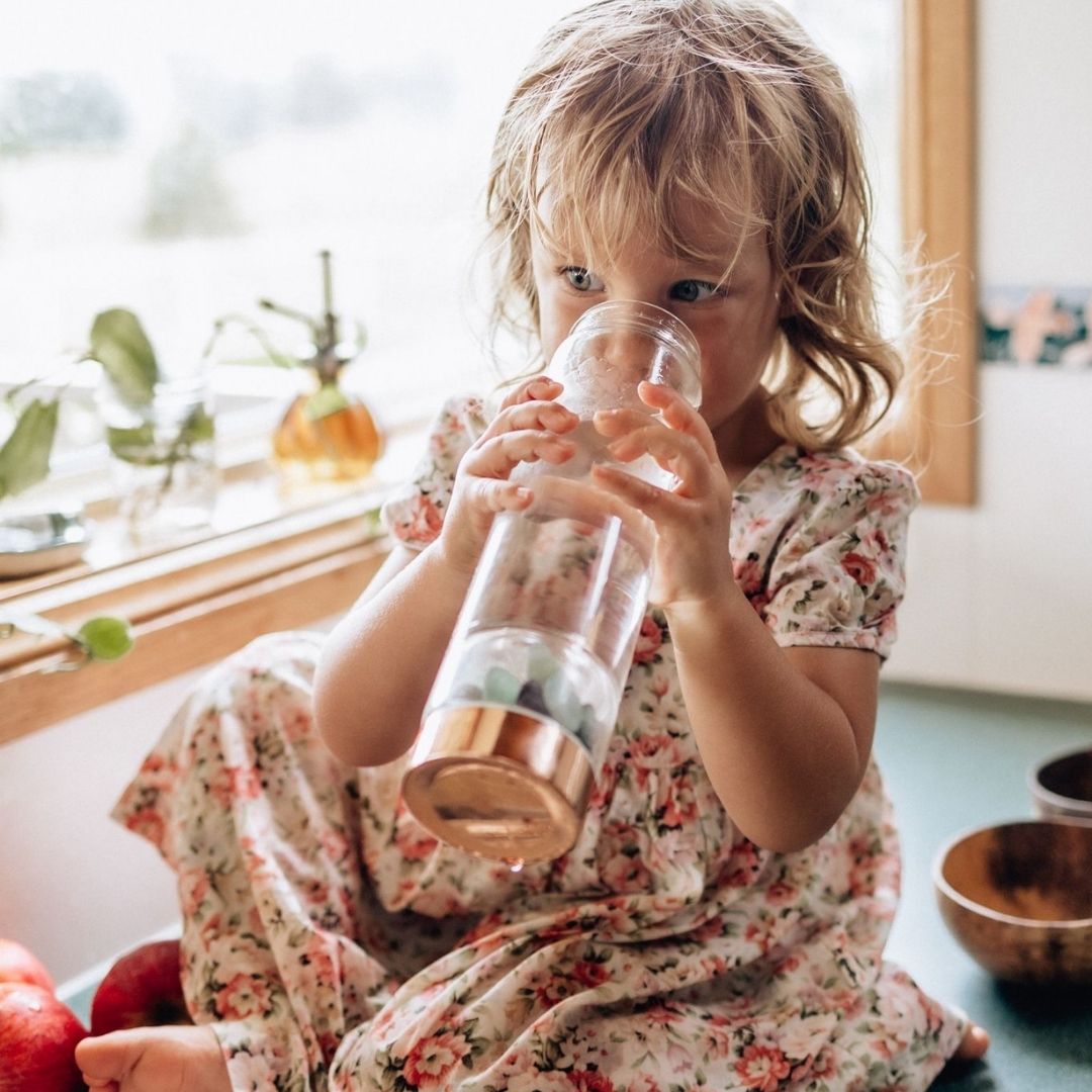 Rose Gold Crystal Bottle with Gemstone Base and Tea Infuser - Food & Beverage > Pantry > Teas & Accessories