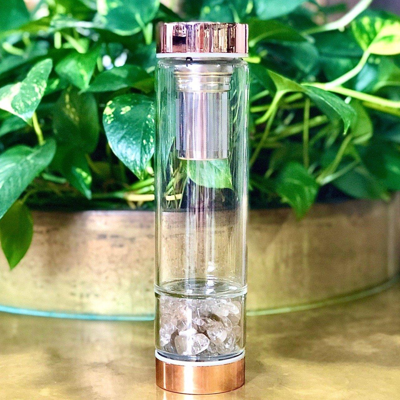 Rose Gold Crystal Bottle with Gemstone Base and Tea Infuser - Food & Beverage > Pantry > Teas & Accessories