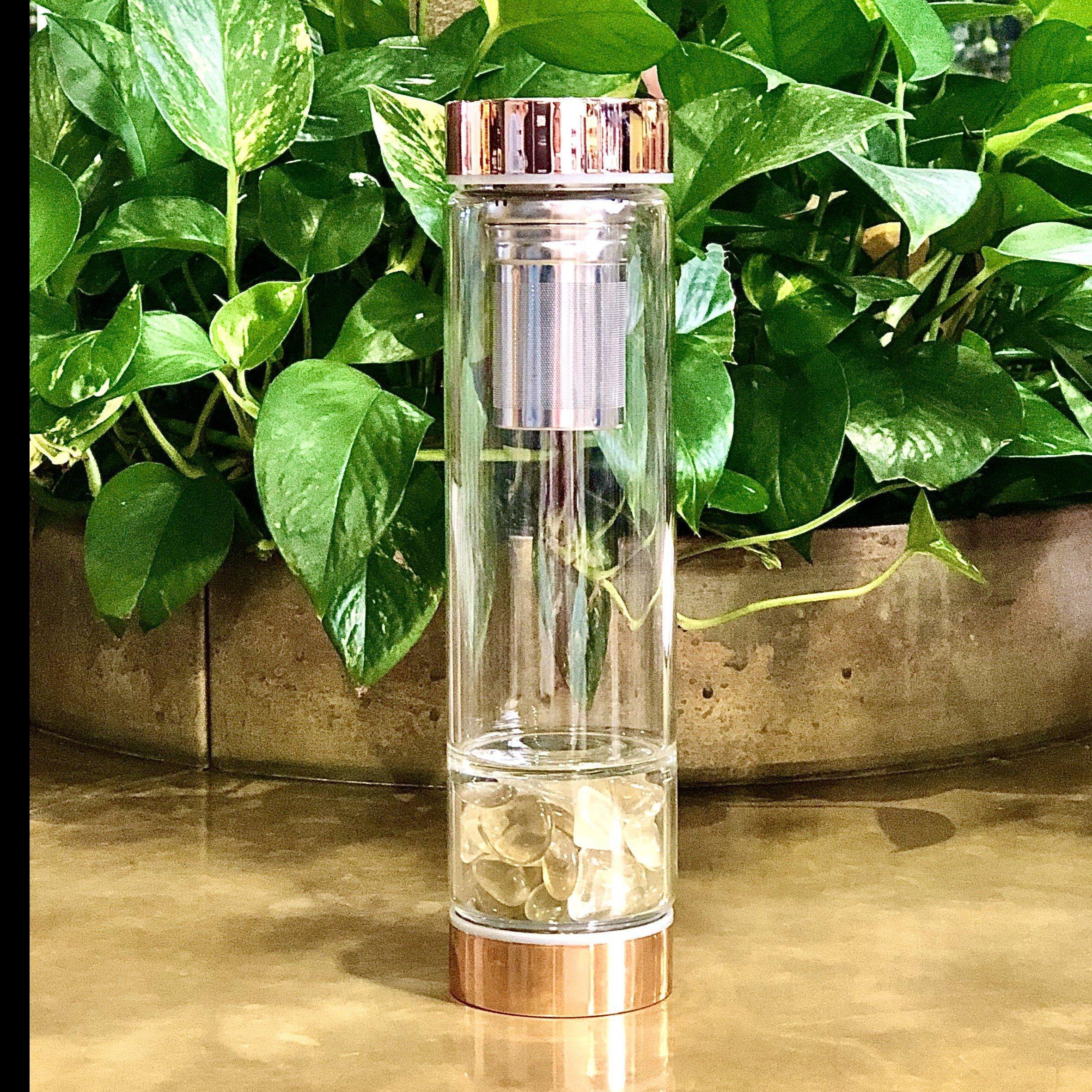 Rose Gold Crystal Bottle with Gemstone Base and Tea Infuser - Food & Beverage > Pantry > Teas & Accessories