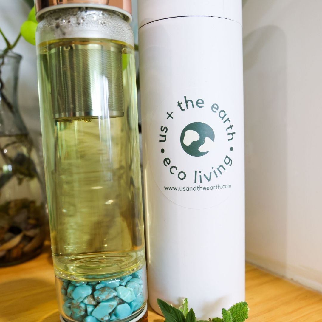 Rose Gold Crystal Bottle with Gemstone Base and Tea Infuser - Food & Beverage > Pantry > Teas & Accessories